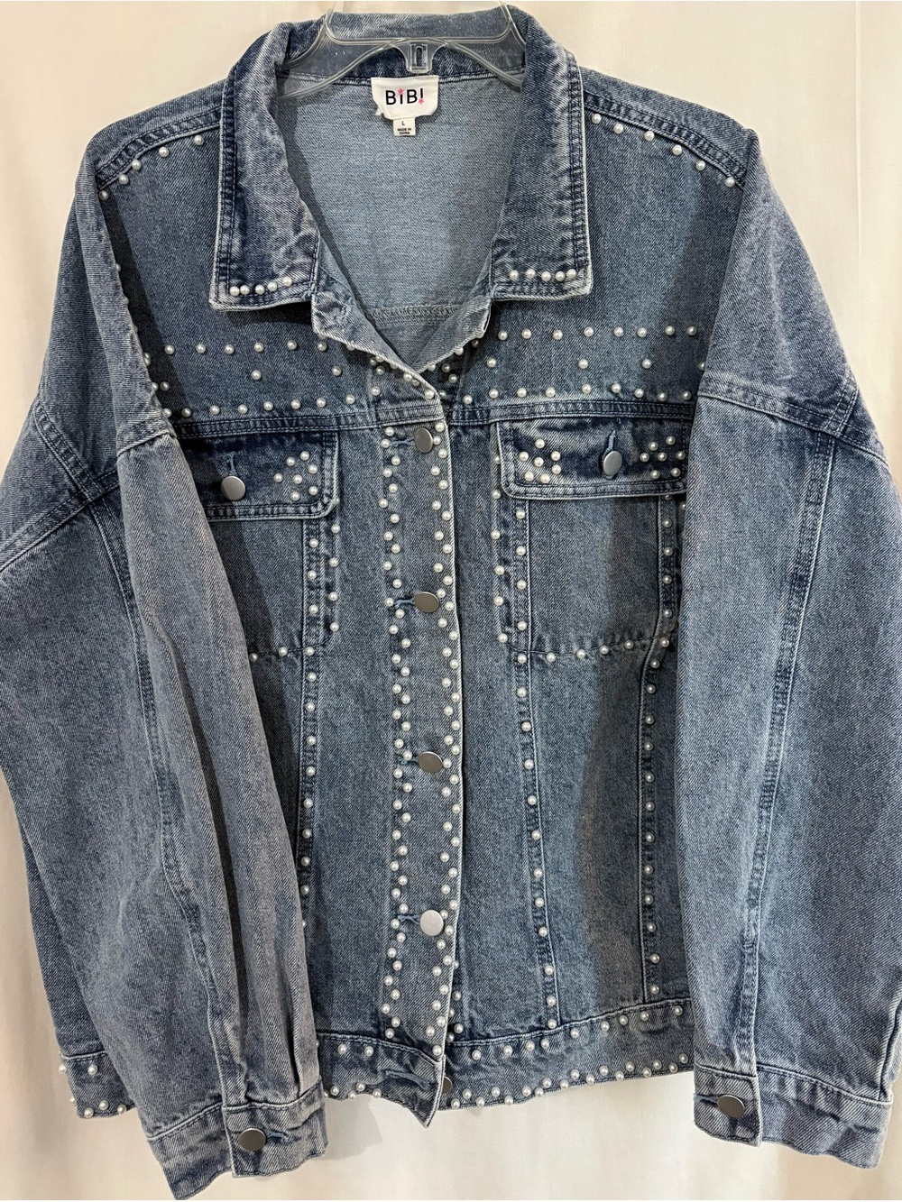 BiBi Washed Blue Denim Jacket with Pearl Studs